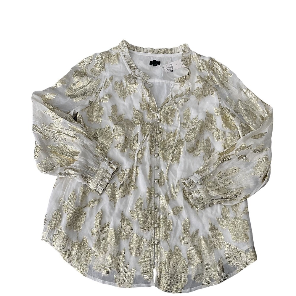 Talbots White Gold Ruffle Neck Top Winter Floral Lined Blouse | Women Size Large